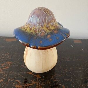 Handcrafted Ceramic Mushroom Sculpture - Blue and Brown